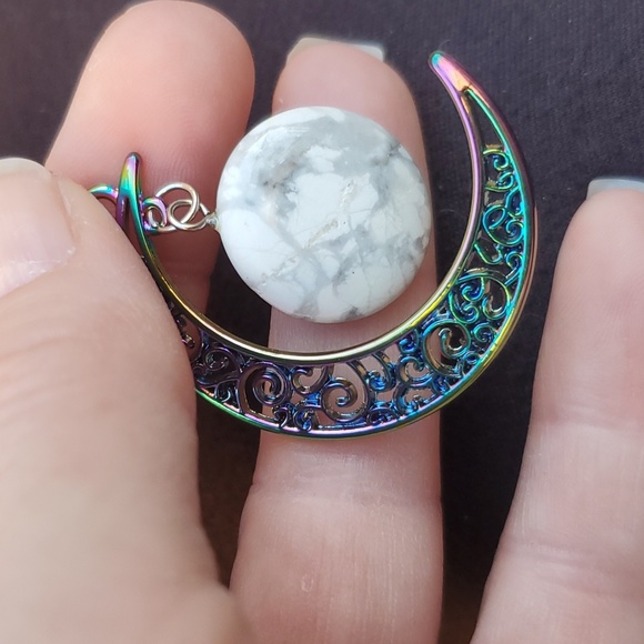 New Carved Rainbow Titanium Hanging Cresent Moon Round Howlite Pendant. - Picture 4 of 4